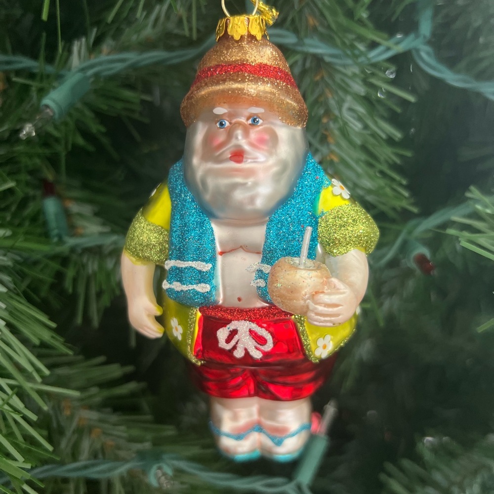 Vintage Glass Tropical Beach Ornament Santa with a Coconut Cocktail
